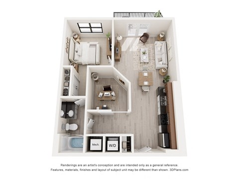 Floor plan for 1 bed, 1 bath, 801 sqft